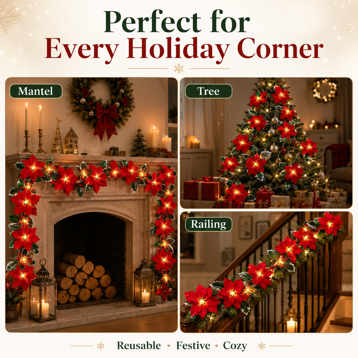 Poinsettia LED Garland Lights for Christmas Décor