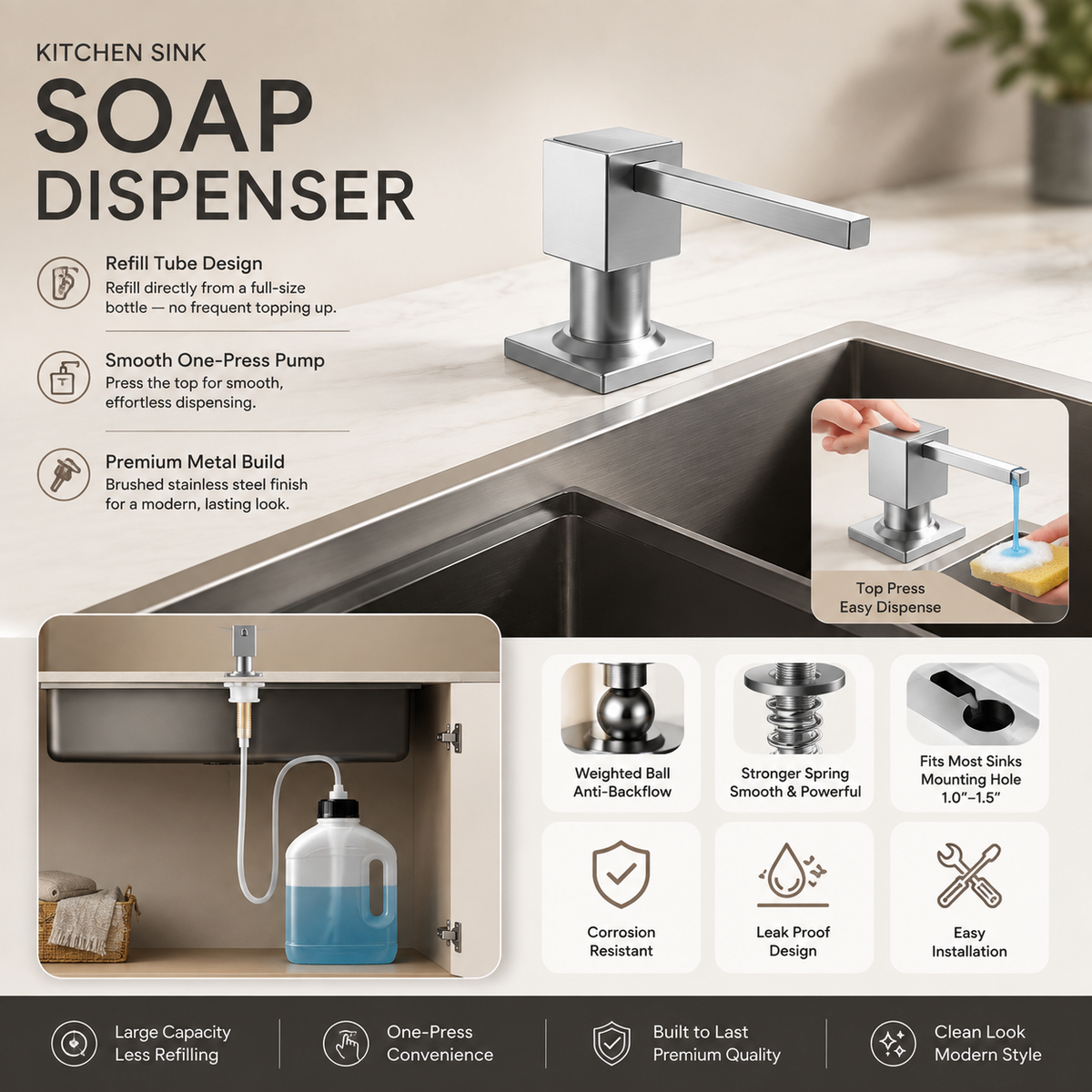 Stainless Steel Sink Soap Dispenser with Refill Tube