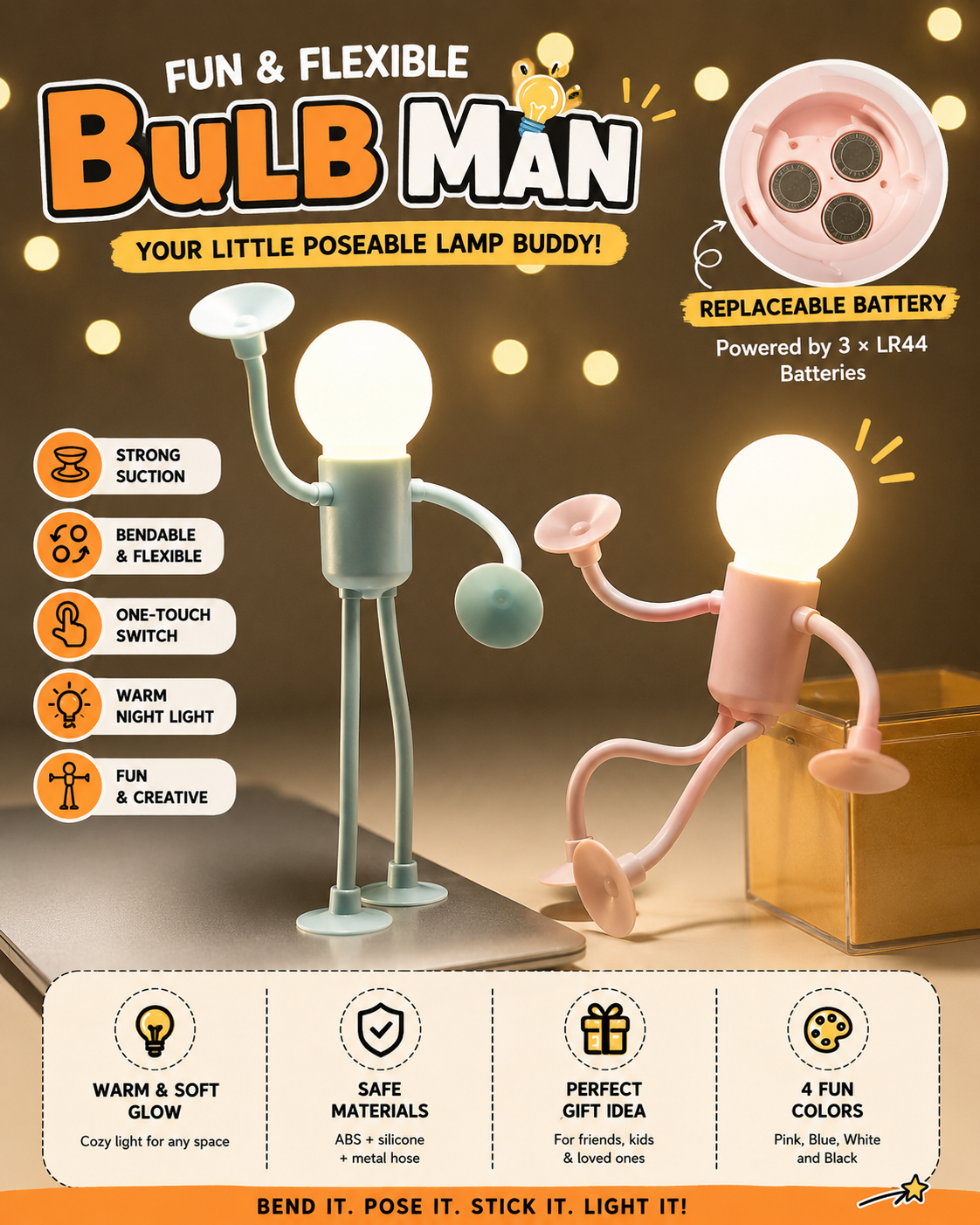 Bulb Man Flexible Suction Cup Night Light | Fun Desk Lamp