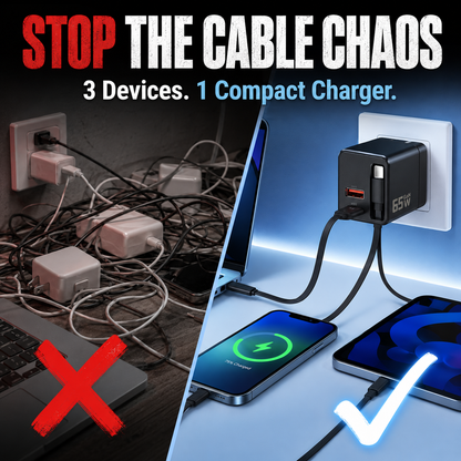 65W GaN Retractable USB-C Travel Charger | 3-in-1
