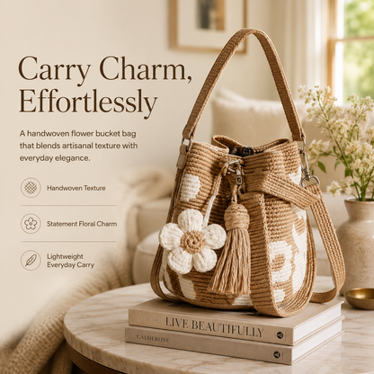 Handwoven Flower Bucket Bag | Summer Boho Woven Handbag