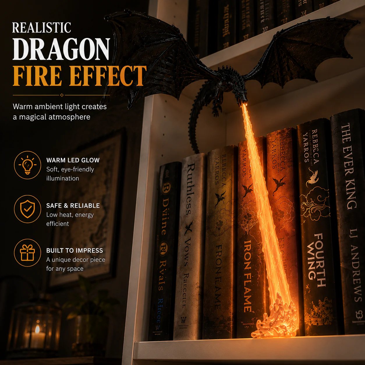 🐉Fire-Breathing Dragon Bookshelf Lamp | Fantasy Book Decor