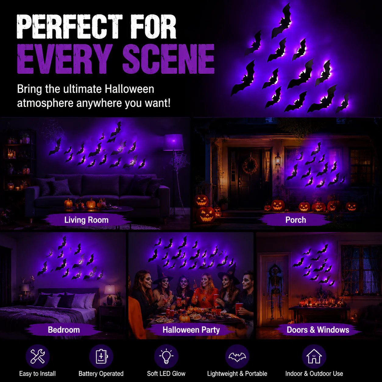 Halloween decorative items - 3D black bat wall stickers with LED lights