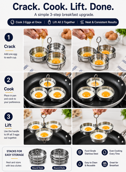 3-Cup Stainless Steel Egg Ring Set | Round & Heart Base