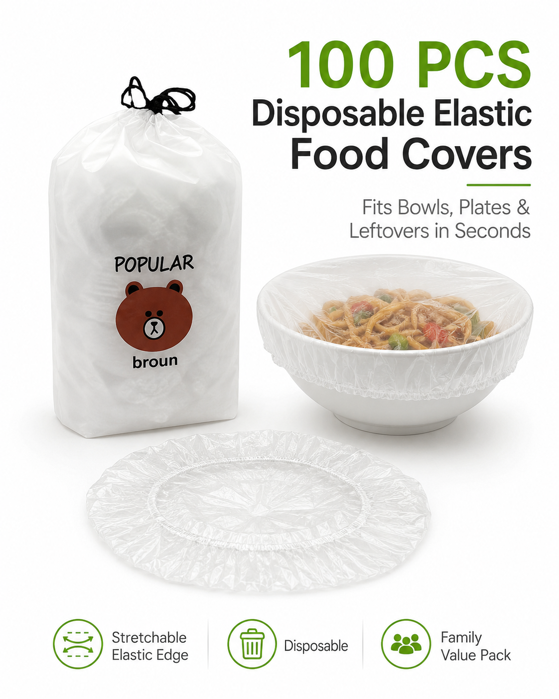 100PCS Disposable Elastic Food Covers for Bowls