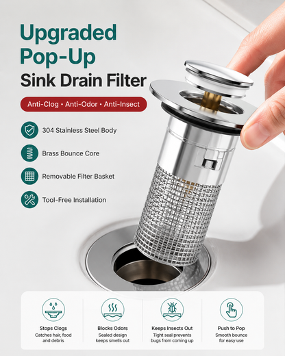 Upgraded Pop-Up Sink Drain Filter with Hair Catcher