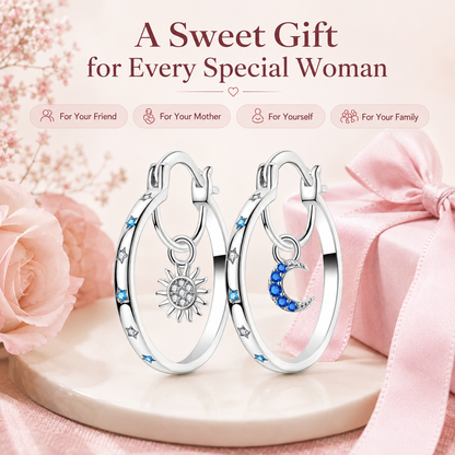 🌙 Celestial Sun & Moon Hoop Earrings – Dreamy Silver Blue Elegance