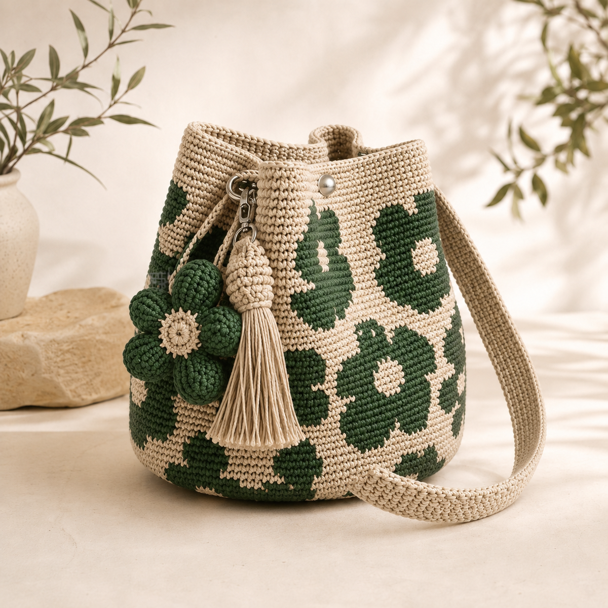 Handwoven Flower Bucket Bag | Summer Boho Woven Handbag