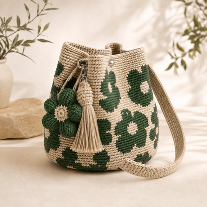 Handwoven Flower Bucket Bag | Summer Boho Woven Handbag