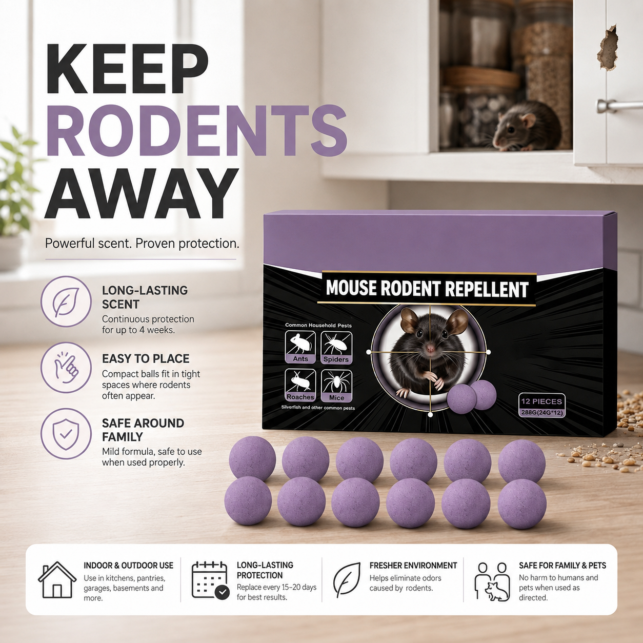 🐭12-Pack Rodent Repellent Balls | Long-Lasting Mouse Deterrent