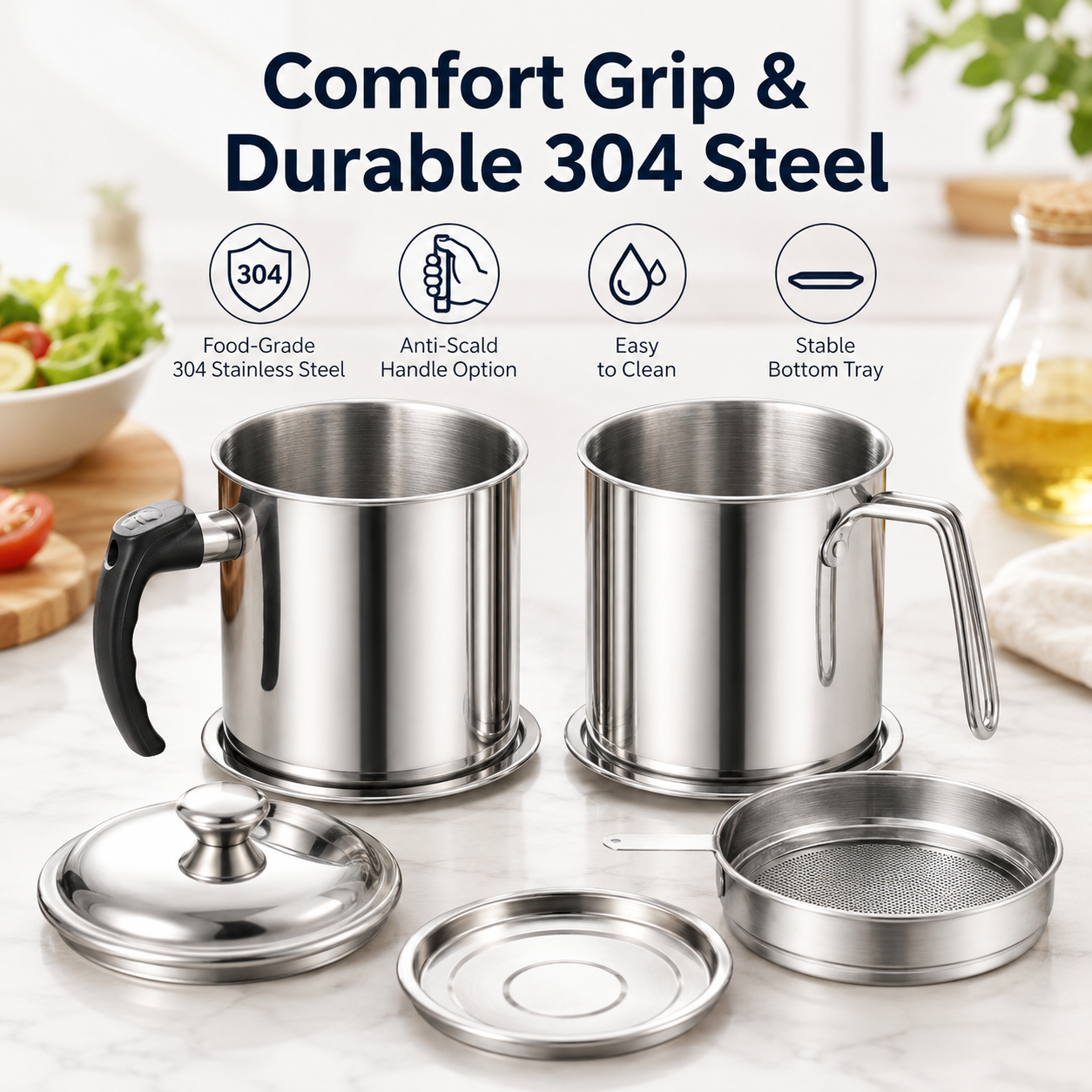 304 Stainless Steel Grease Container with Fine Mesh Filter