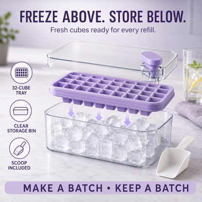 One-Press Ice Cube Tray with Storage Box | 32 Cubes