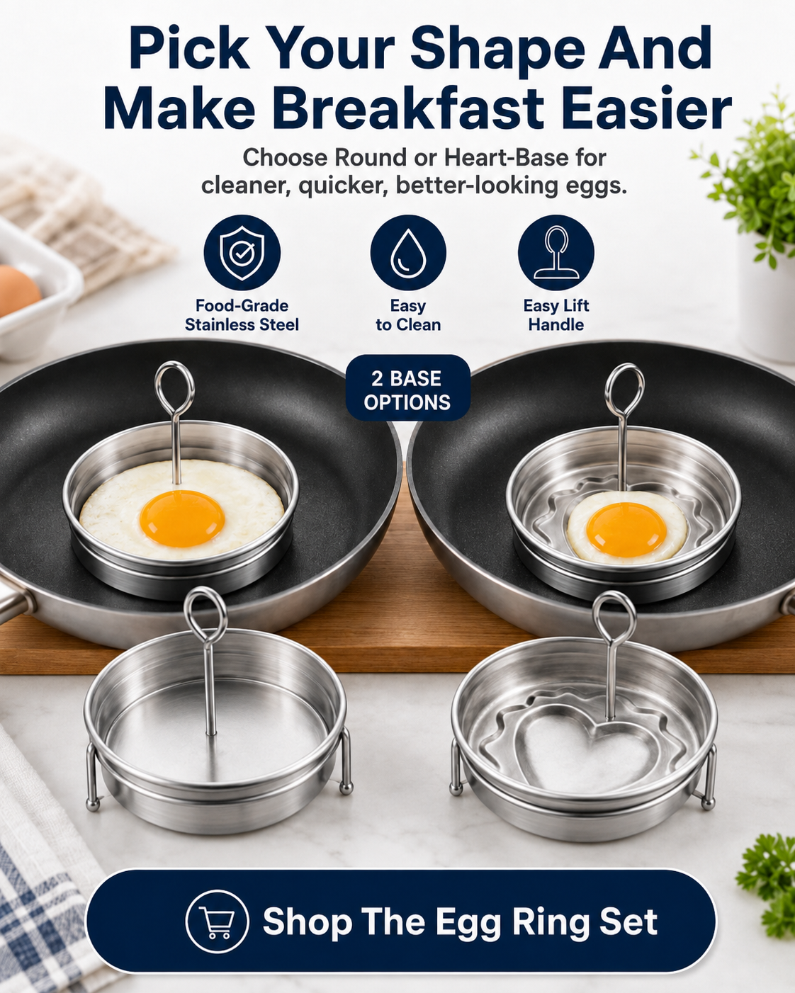 3-Cup Stainless Steel Egg Ring Set | Round & Heart Base