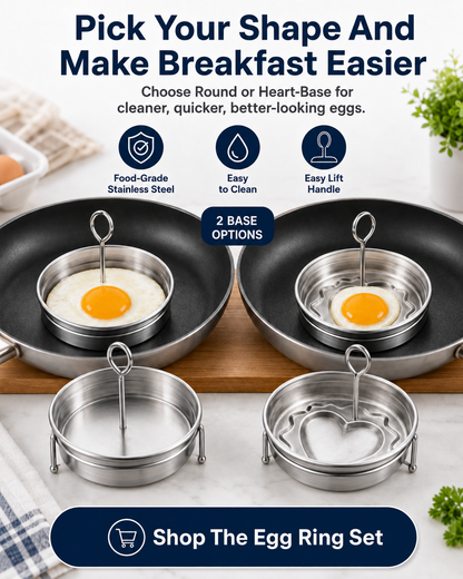 3-Cup Stainless Steel Egg Ring Set | Round & Heart Base