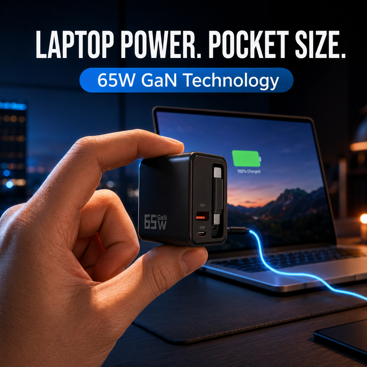 65W GaN Retractable USB-C Travel Charger | 3-in-1