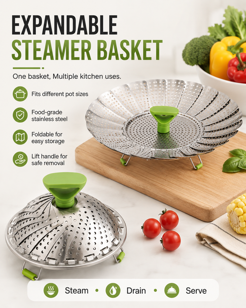 Expandable Stainless Steel Steamer Basket | Foldable Pot Insert