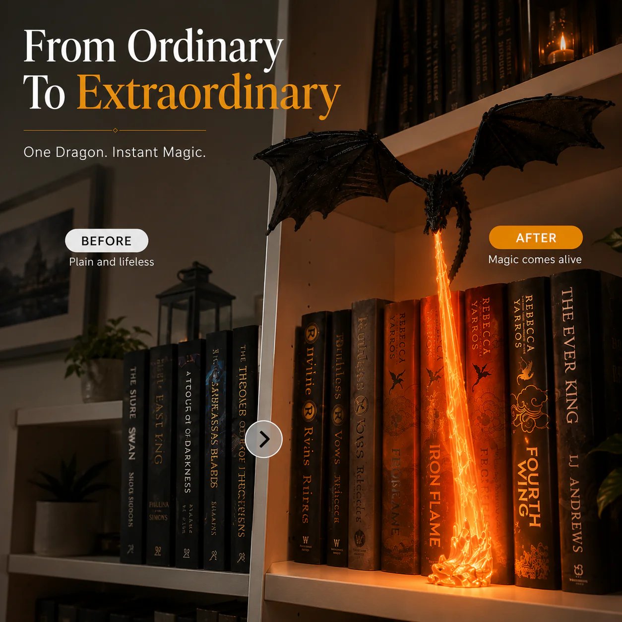 🐉Fire-Breathing Dragon Bookshelf Lamp | Fantasy Book Decor