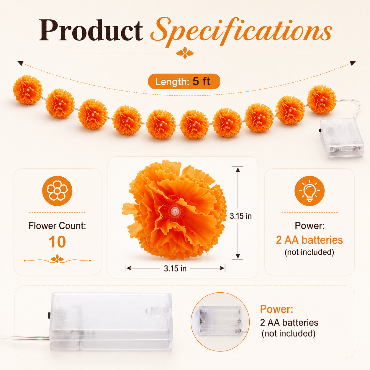 5 ft LED Marigold Flower String Lights for Fall & Halloween