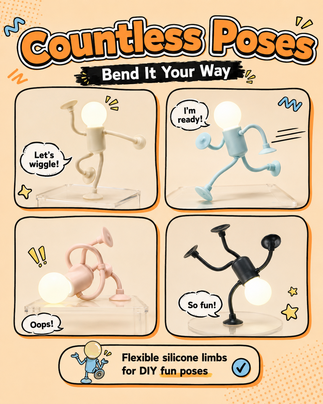 Bulb Man Flexible Suction Cup Night Light | Fun Desk Lamp