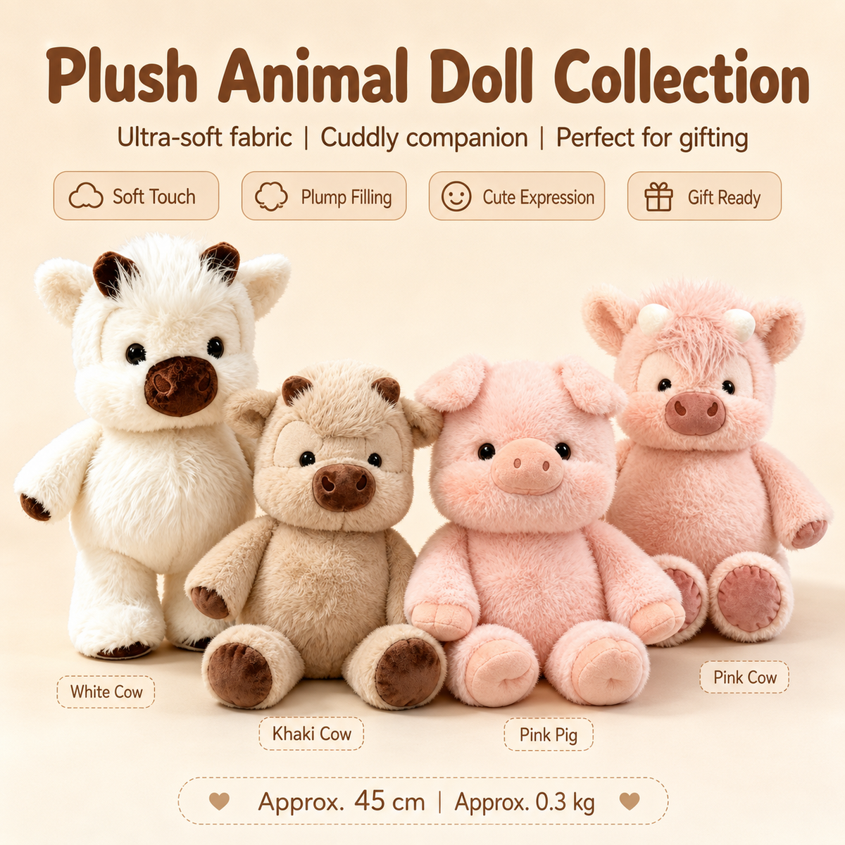 45cm Cow & Pig Plush Toys | Soft Animal Dolls