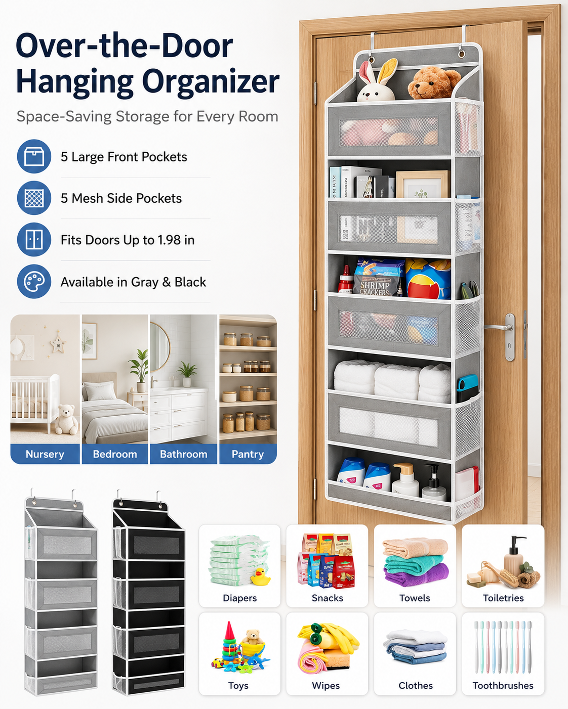 5-Tier Over-the-Door Hanging Organizer with Mesh Pockets