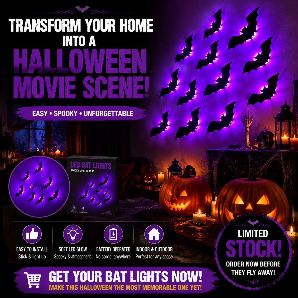 Halloween decorative items - 3D black bat wall stickers with LED lights