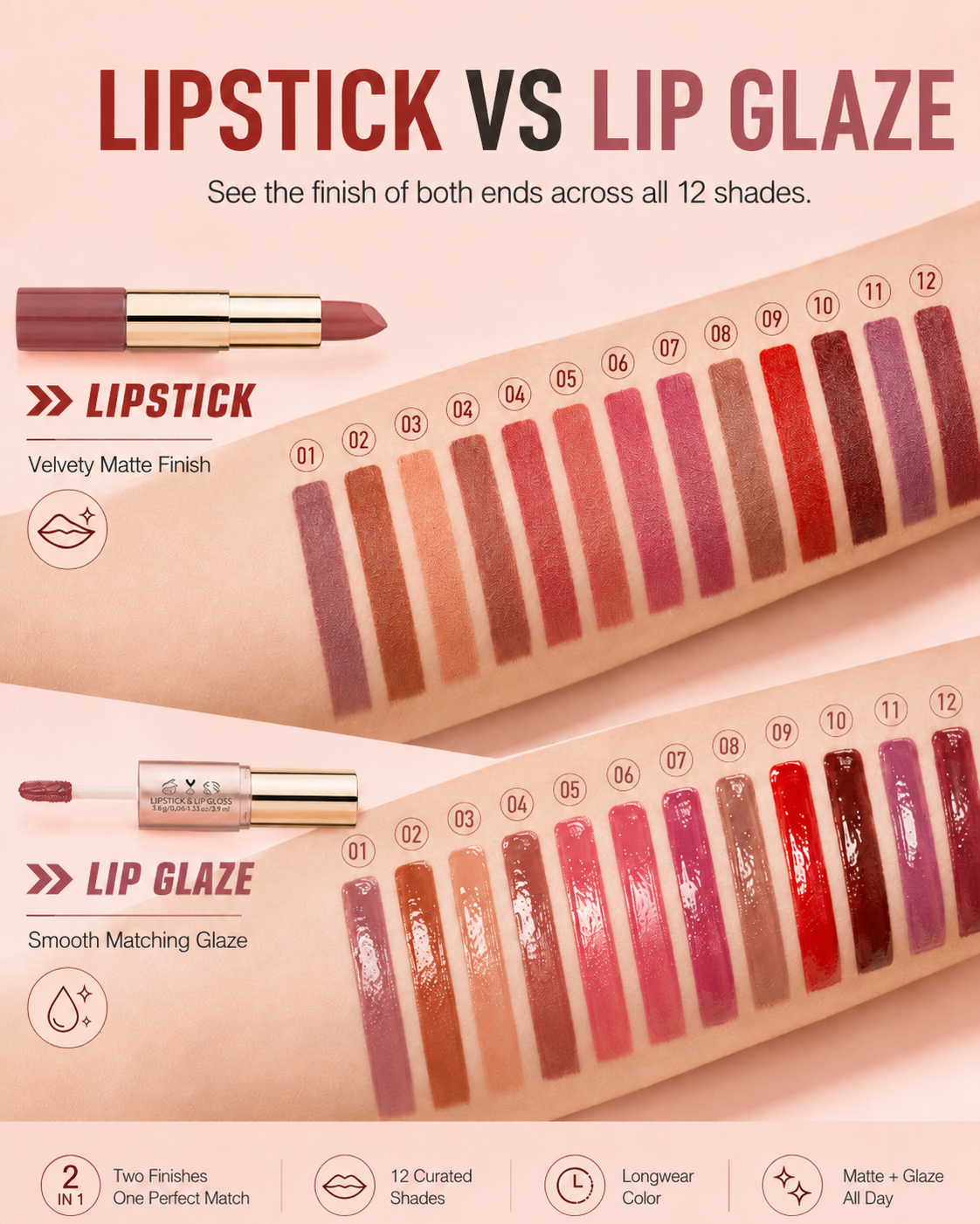 2-in-1 Matte Lipstick & Liquid Lip Glaze | 12 Longwear Shades