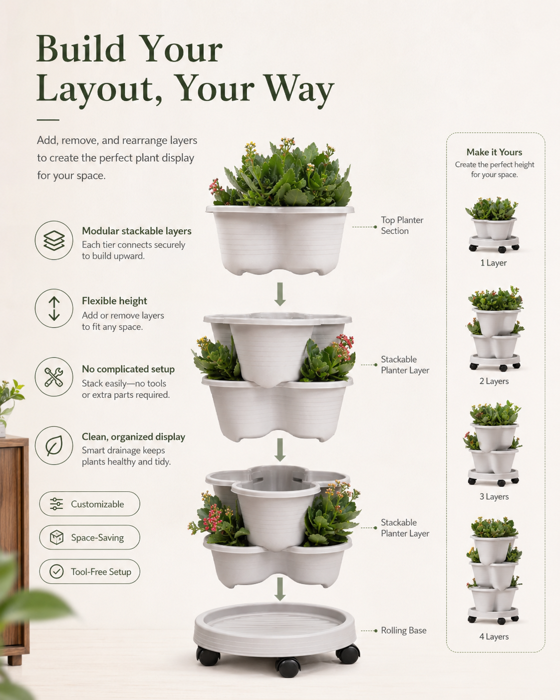 Stackable Vertical Planter with Wheels & Smart Drainage