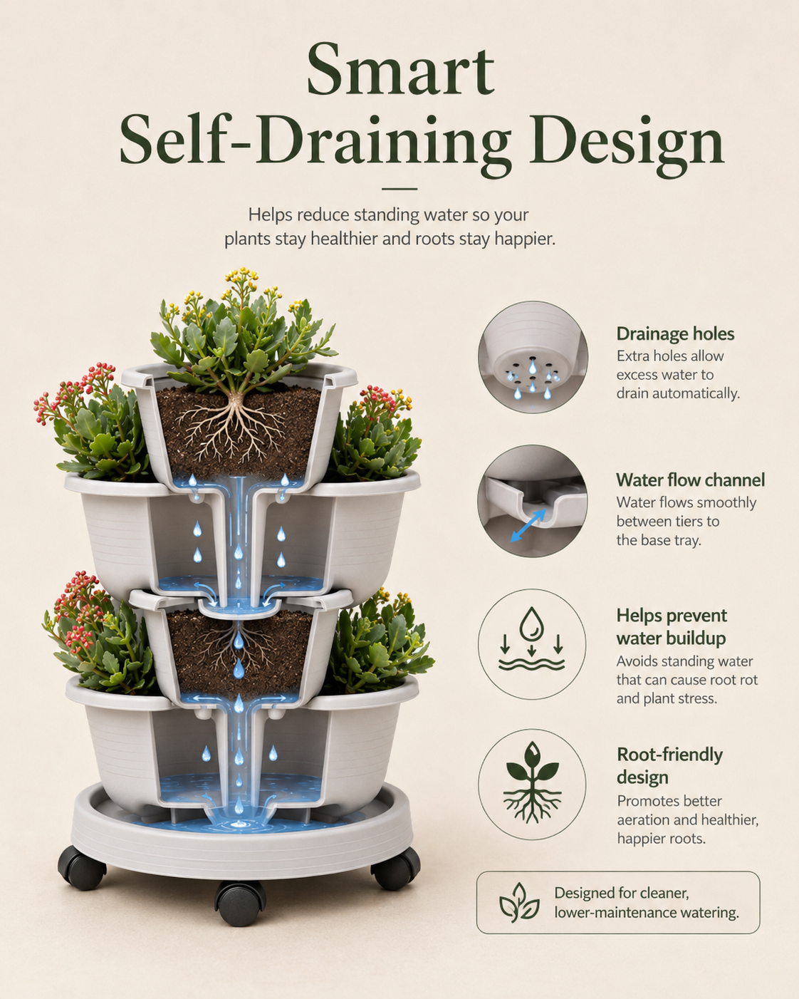 Stackable Vertical Planter with Wheels & Smart Drainage