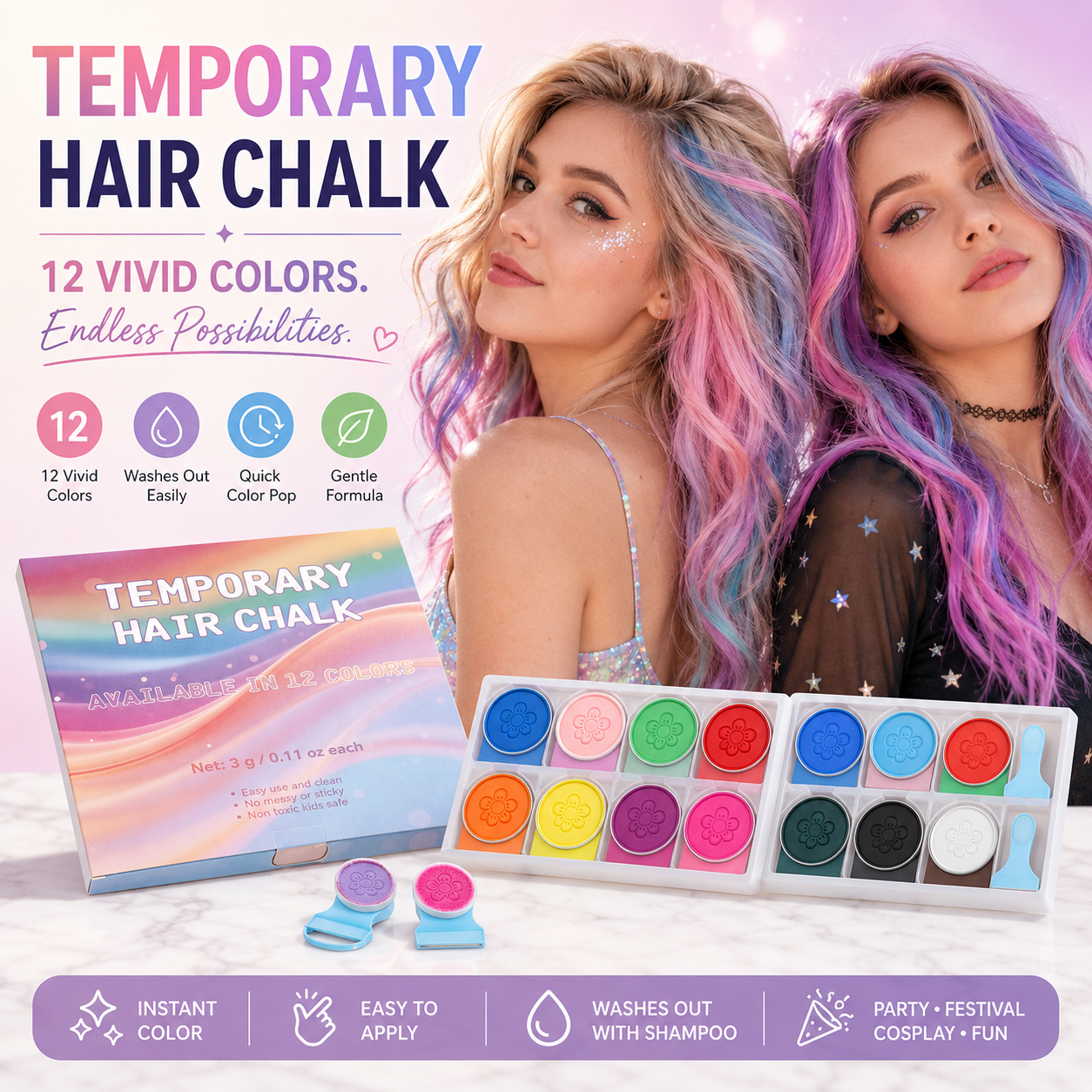 12-Color Temporary Hair Chalk Set – Washable Hair Color