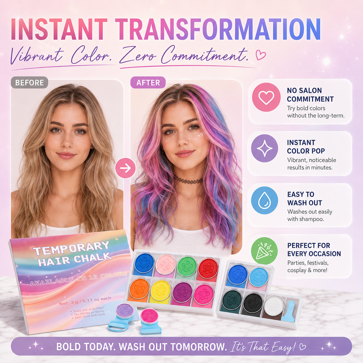 12-Color Temporary Hair Chalk Set – Washable Hair Color