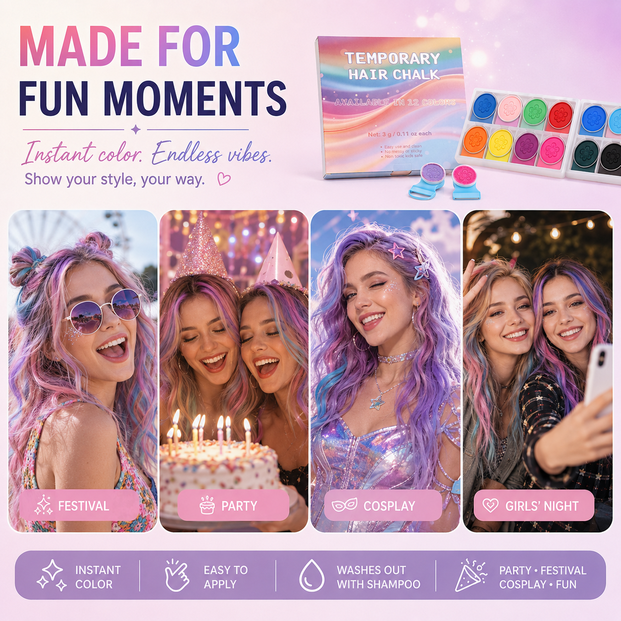 12-Color Temporary Hair Chalk Set – Washable Hair Color