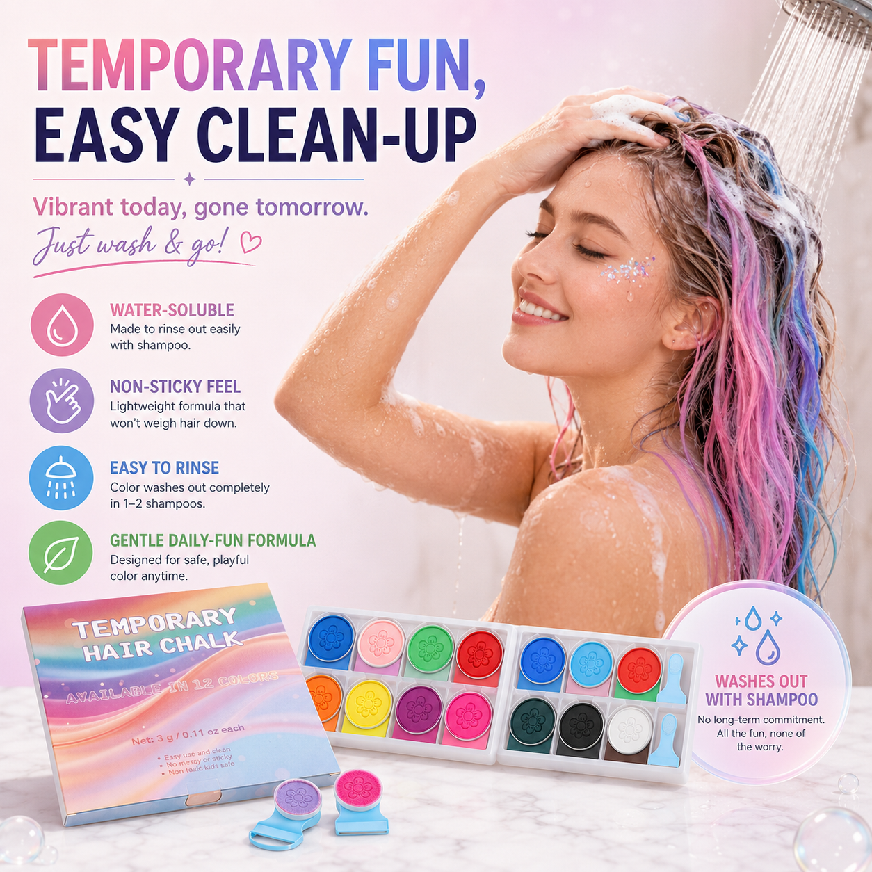 12-Color Temporary Hair Chalk Set – Washable Hair Color