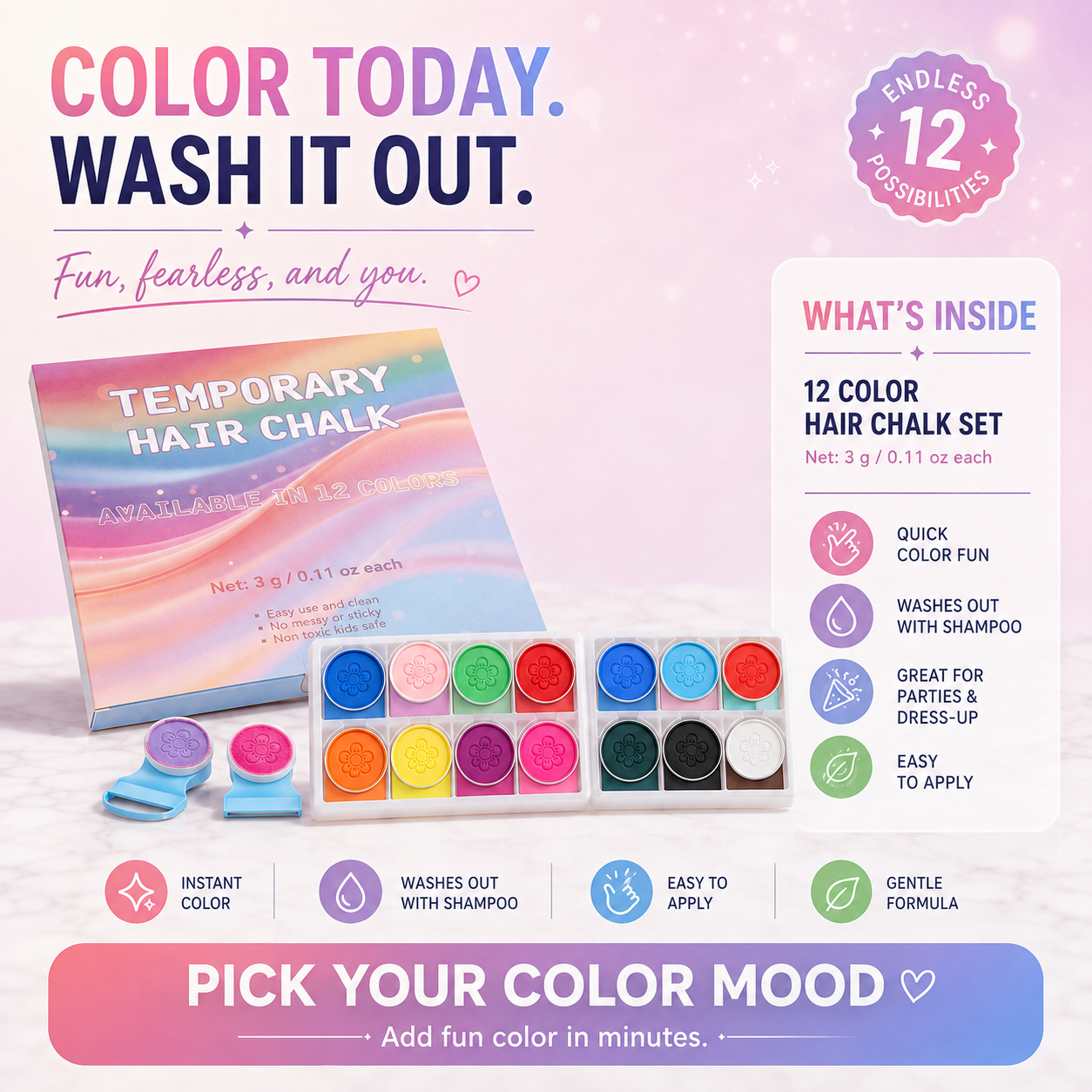 12-Color Temporary Hair Chalk Set – Washable Hair Color