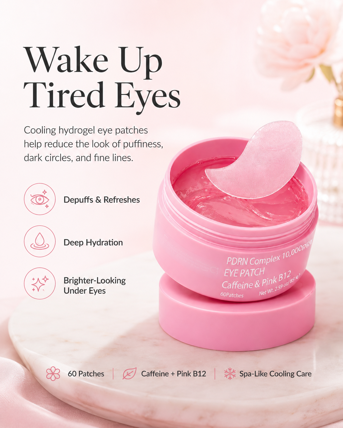 PDRN Cooling Hydrogel Eye Patches with Caffeine & Pink B12
