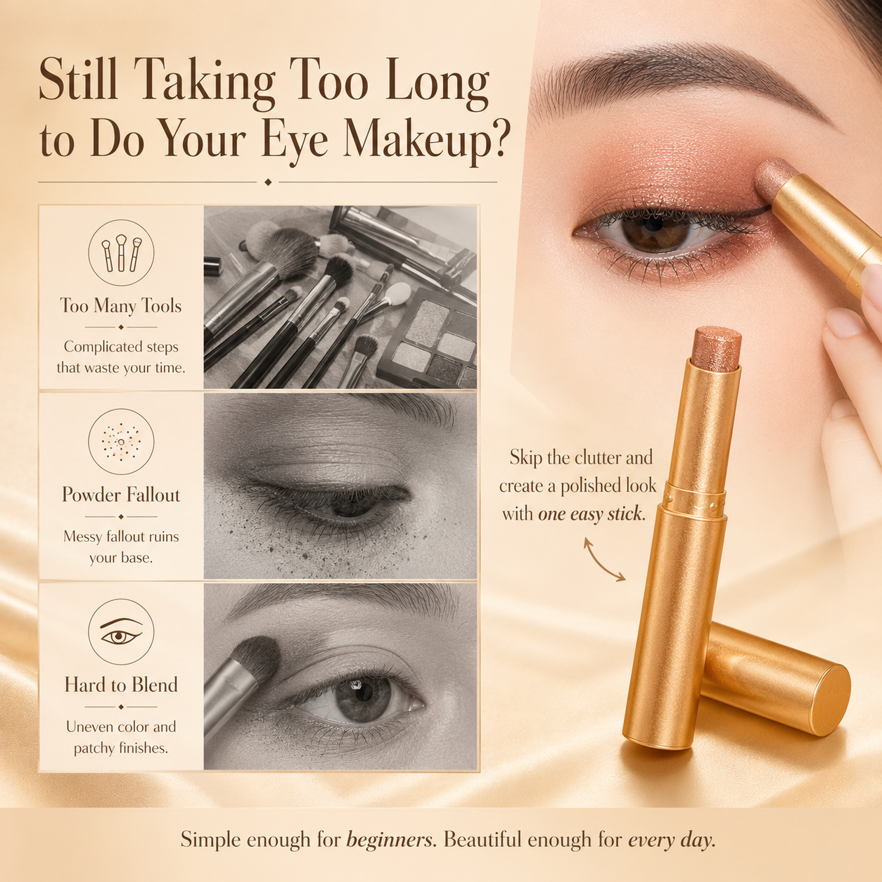 3 in 1 Easy Eyeshadow Stick for Beginners Waterproof Longwear Shimmer Makeup Set