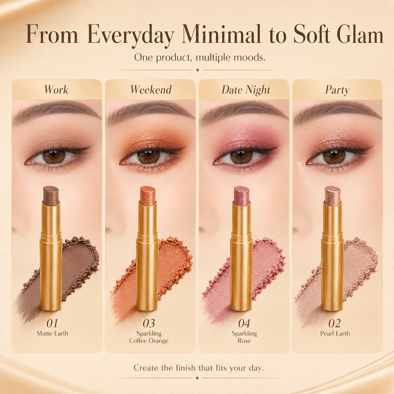 3 in 1 Easy Eyeshadow Stick for Beginners Waterproof Longwear Shimmer Makeup Set
