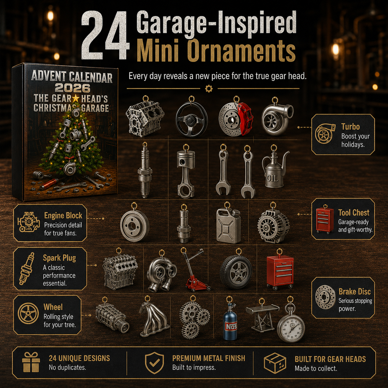 2026 Advent Calendar for Car Lovers | 24 Garage-Inspired Mini Ornaments